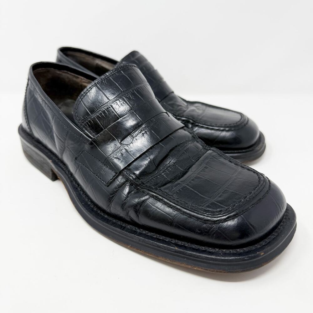 Vintage 90s Kenneth Cole Black Leather Croc Embossed Loafers 8.5 Made in Italy